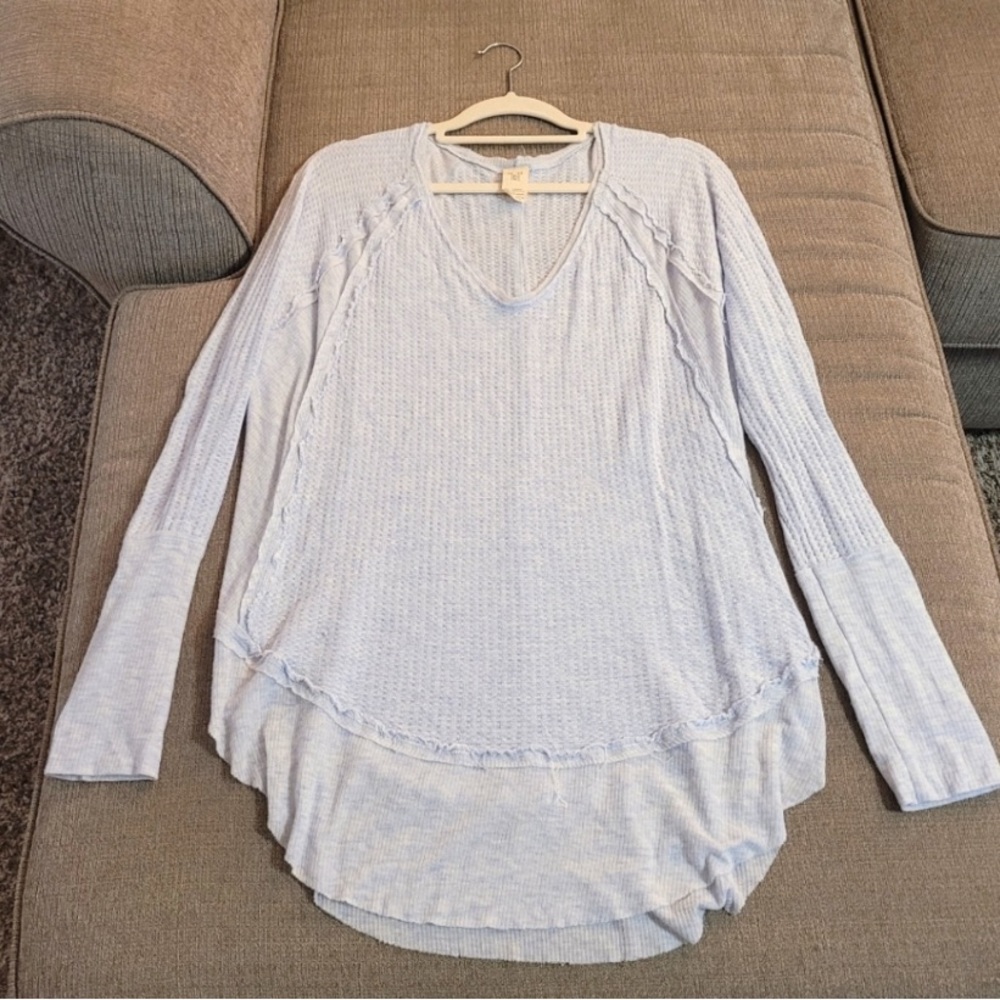 Free People We the Free Light Blue Raw Hem Waffle Knit Comfy Tunic Size Large